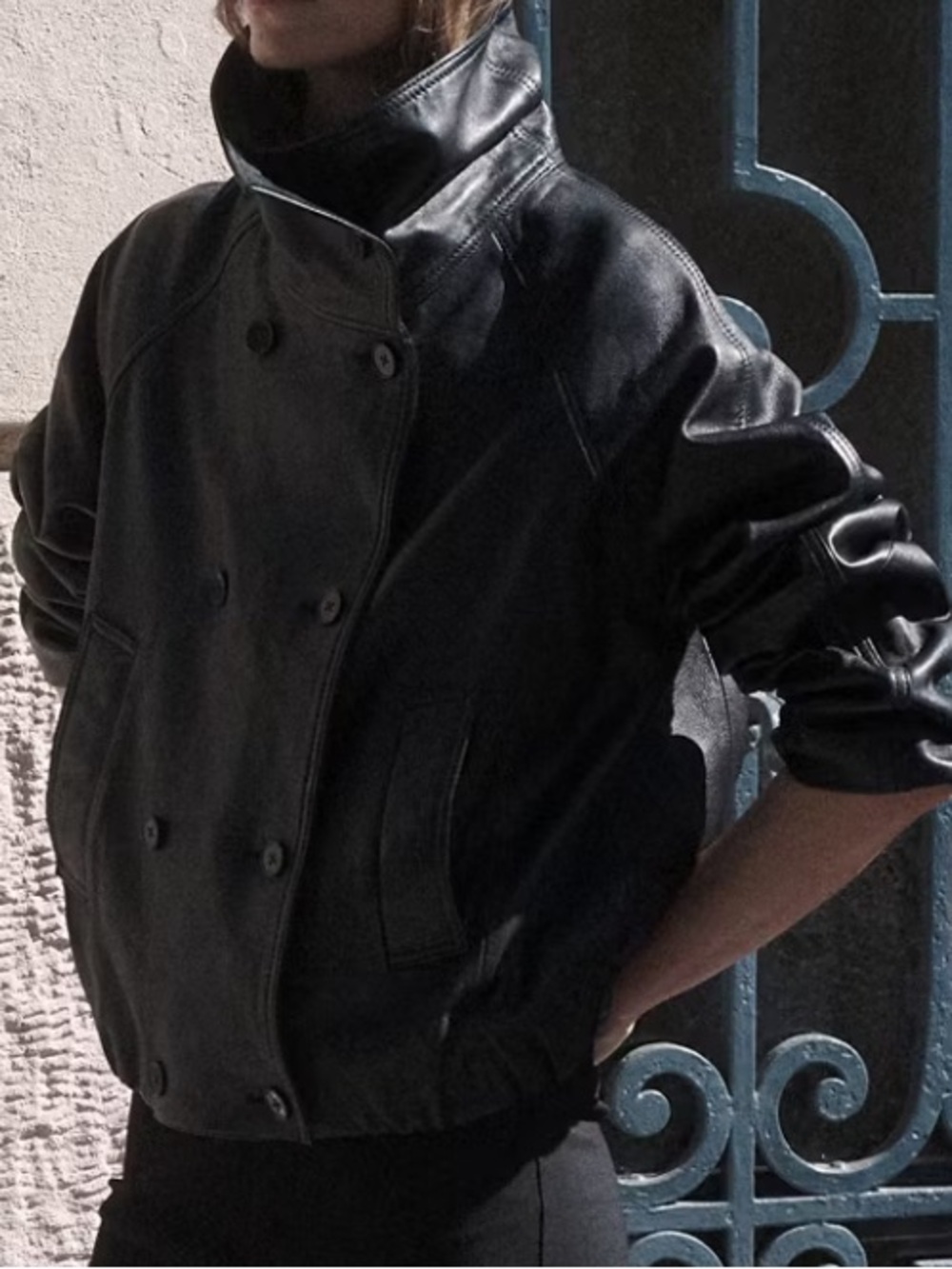 Mango Black Double-Breasted Leather Jacket LEATHER JACKET WITH FUNNEL NECK 5839